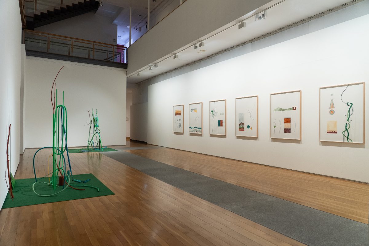 Vista da exposição: esculturas de tubo colorido sobre relva sintética e uma série de desenhos emoldurados na parede.