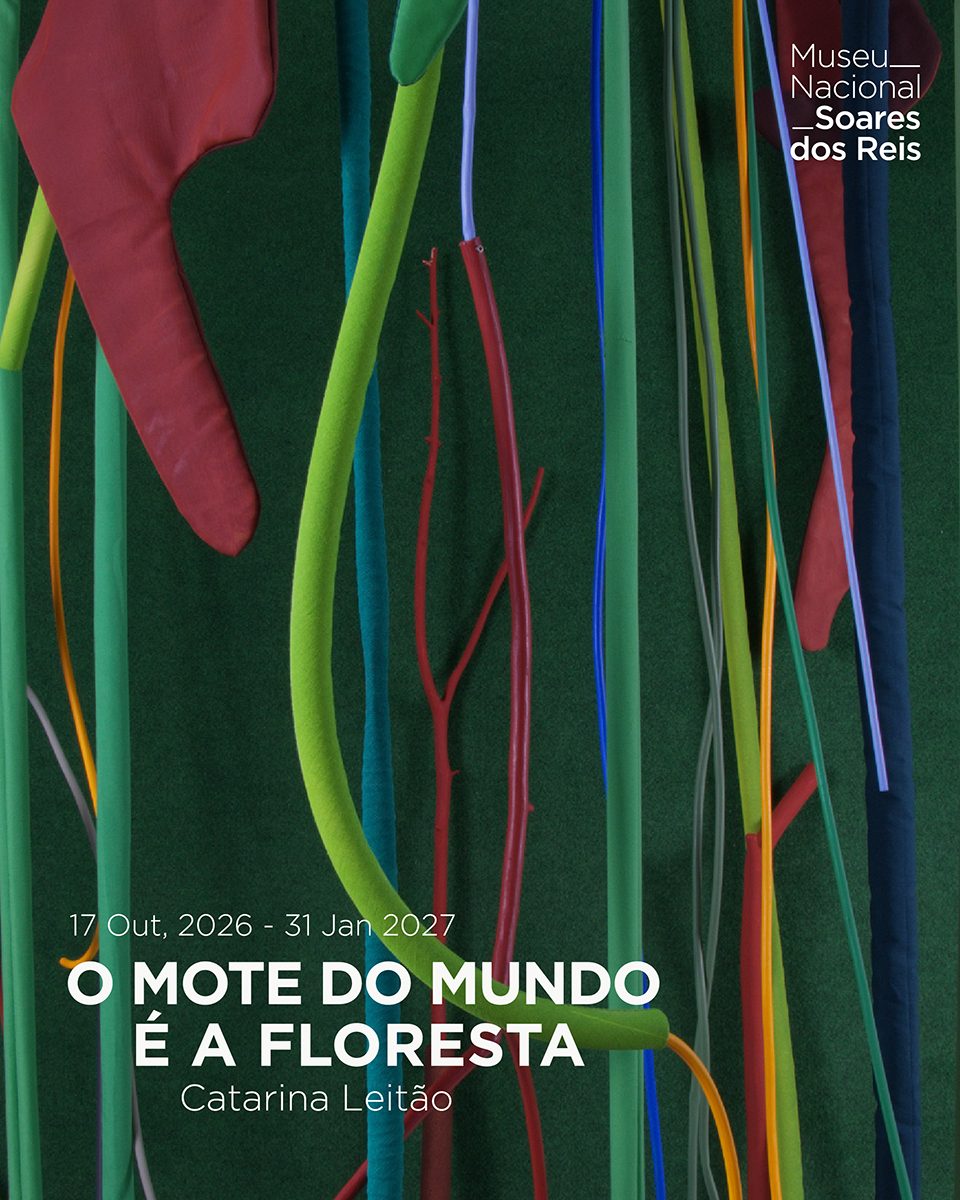 Tiras e tubos de plástico e tecido em verde, vermelho, azul e amarelo, suspensos sobre um fundo de relva sintética verde-escura.