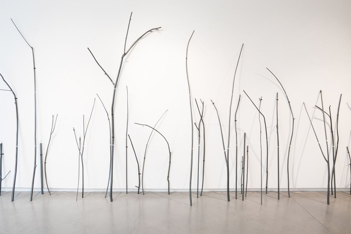Dendrograma | Tree-kit, 2016, madeira, tubo de alumínio, tinta, velcro, tecido, dimensões variáveis. Vista na MCO Arte Contemporânea, Porto, 2016.