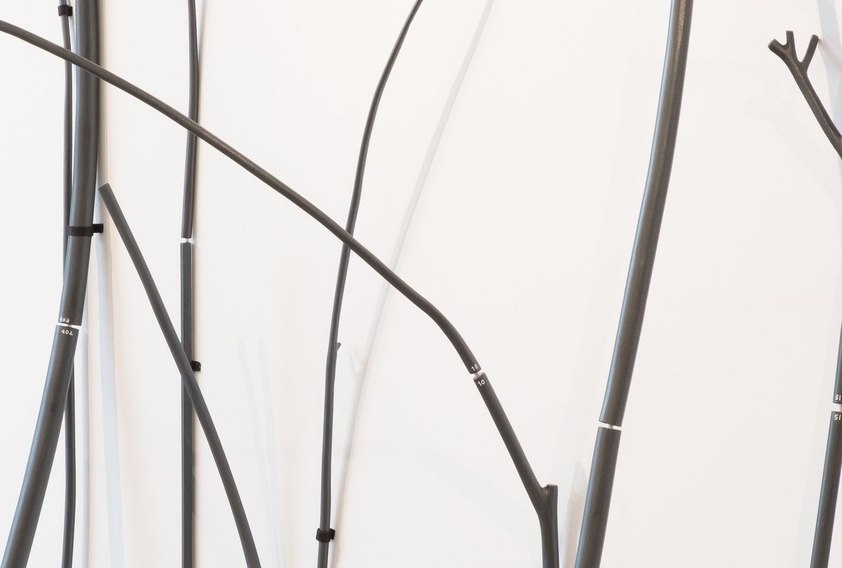 Dendrograma | Tree-kit, 2016, madeira, tubo de alumínio, tinta, velcro, tecido, dimensões variáveis. Vista na MCO Arte Contemporânea, Porto, 2016.