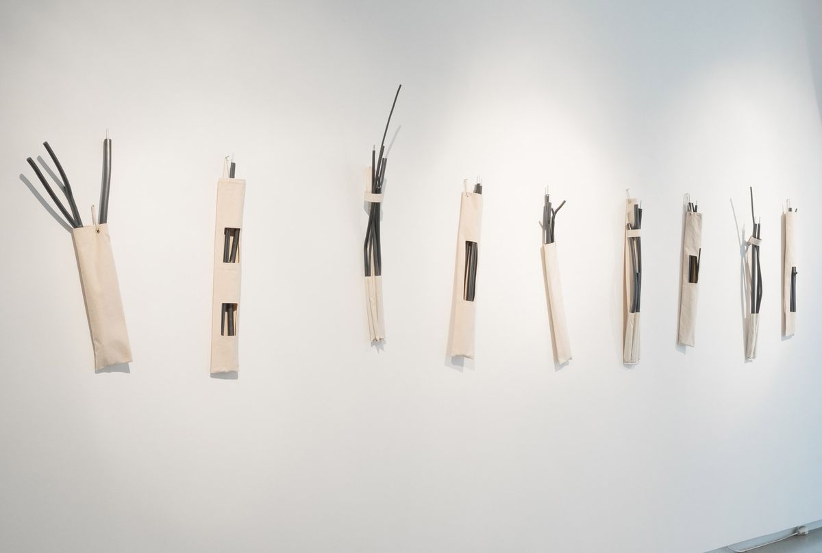 Dendrograma | Tree-kit, 2016, madeira, tubo de alumínio, tinta, velcro, tecido, dimensões variáveis. Vista na MCO Arte Contemporânea, Porto, 2016.