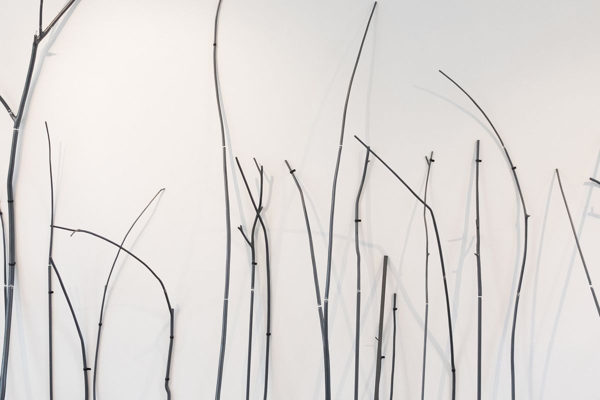 Dendrograma | Tree-kit, 2016, madeira, tubo de alumínio, tinta, velcro, tecido, dimensões variáveis. Vista na MCO Arte Contemporânea, Porto, 2016.