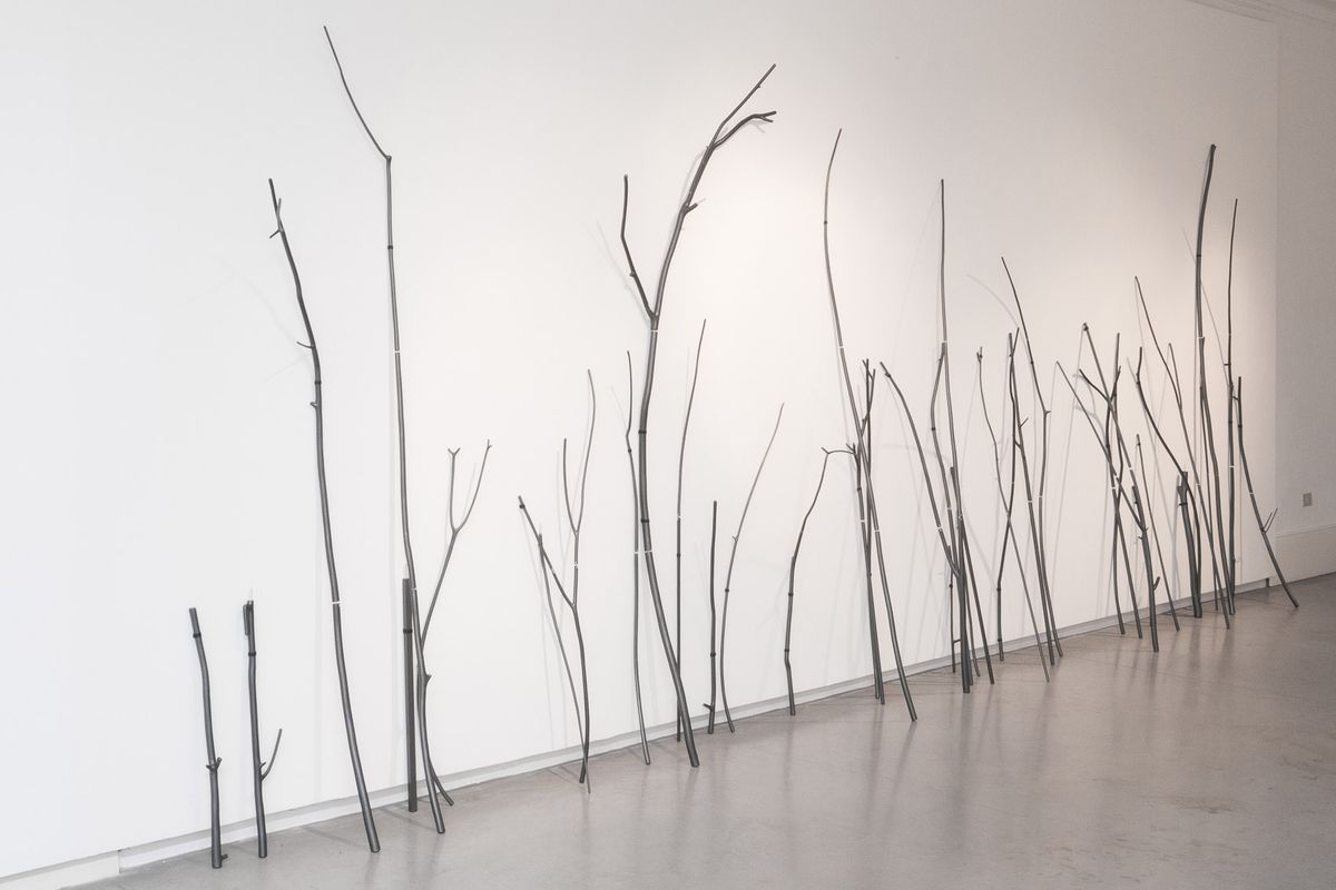Dendrograma | Tree-kit, 2016, madeira, tubo de alumínio, tinta, velcro, tecido, dimensões variáveis. Vista na MCO Arte Contemporânea, Porto, 2016.