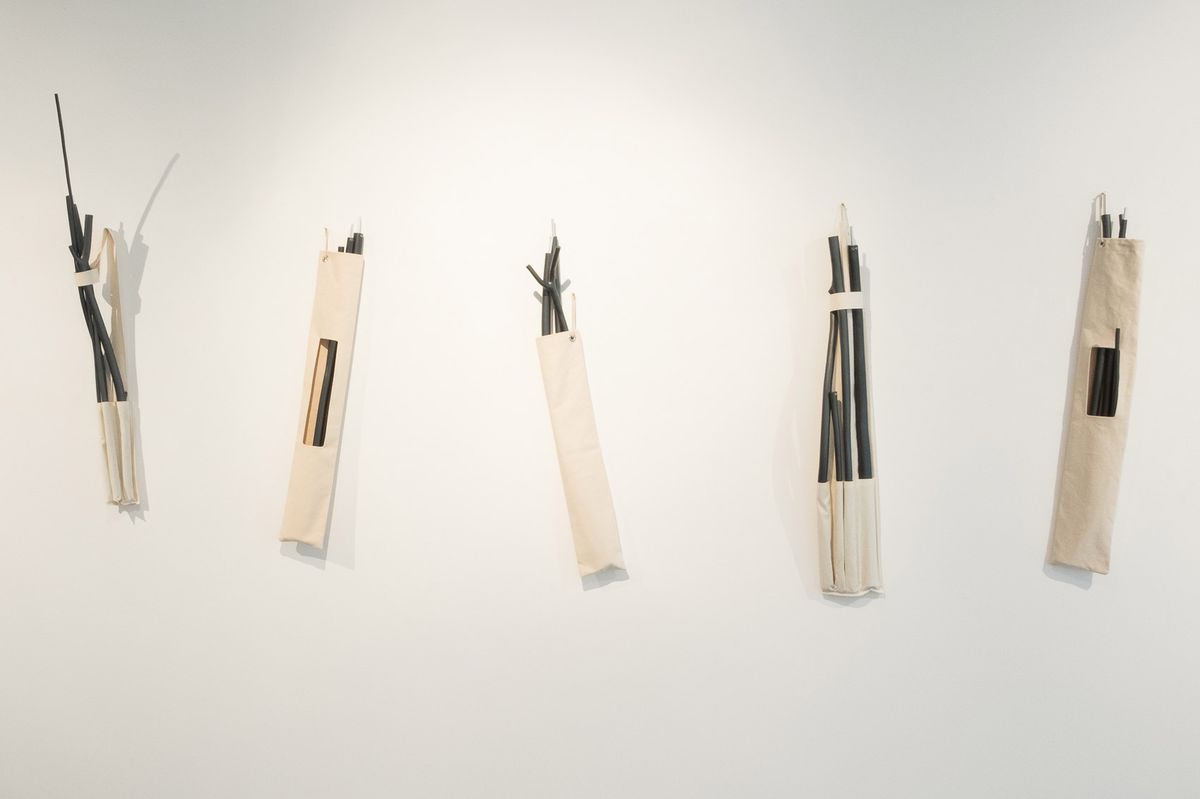 Dendrograma | Tree-kit, 2016, madeira, tubo de alumínio, tinta, velcro, tecido, dimensões variáveis. Vista na MCO Arte Contemporânea, Porto, 2016.