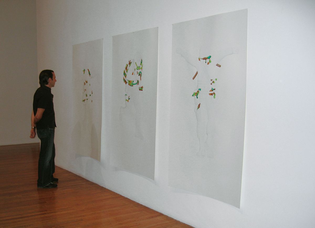 One with Nature, 2005, três desenhos, aguarela sobre papel, 180x106 cm (cada). Vista na exposição Greater New York 2005, MoMA/P.S.1, Nova Iorque.